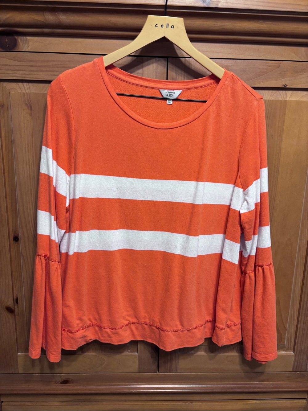 crown & ivy Orange and White Striped Bell-Sleeve Long Sleeve Tee